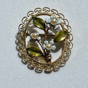 Vintage Krementz Enameled And Pearl Flower Brooch